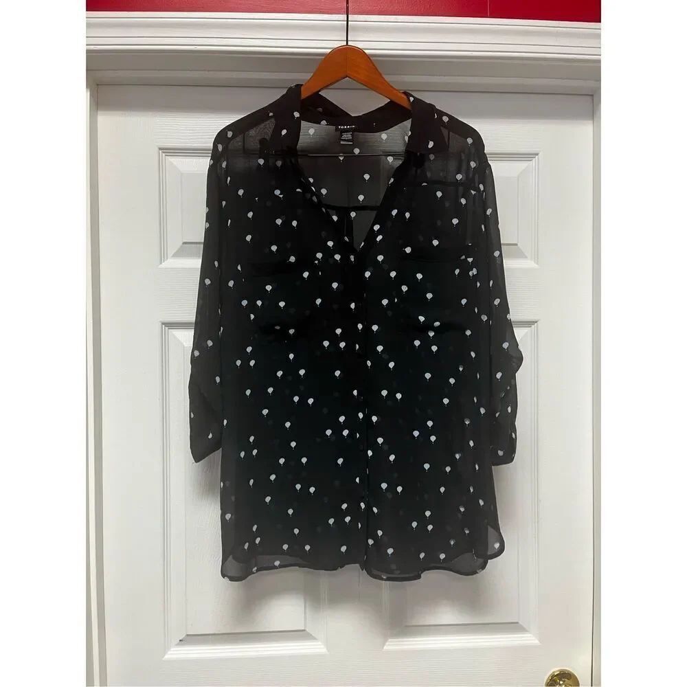 Torrid Black Sheer Hot Air Balloon Print Roll Sleeve Button Down Blouse sz 3X EU